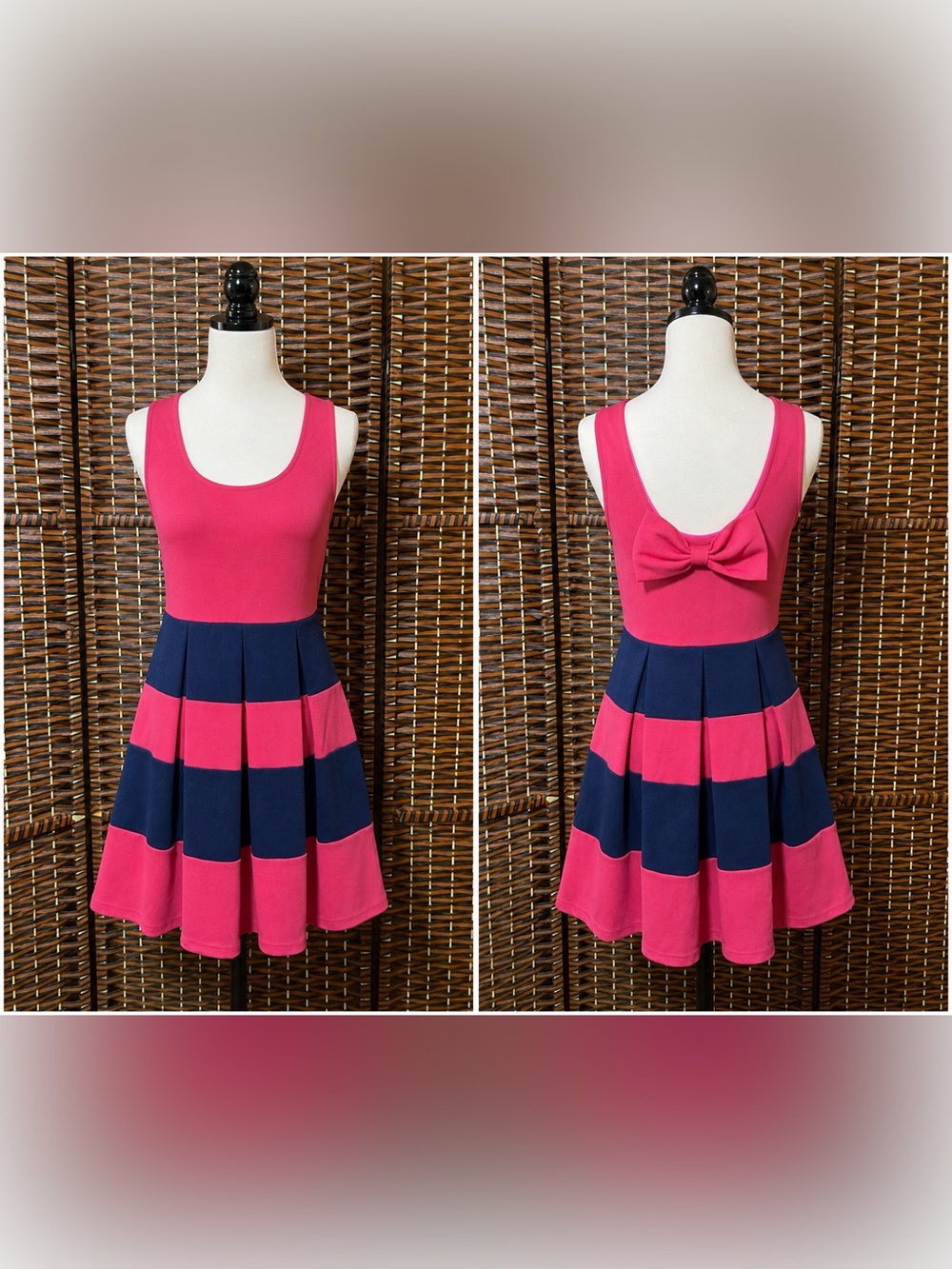 LLOVE Pink & Navy Colorblock Fit & Flare Dress Size Medium